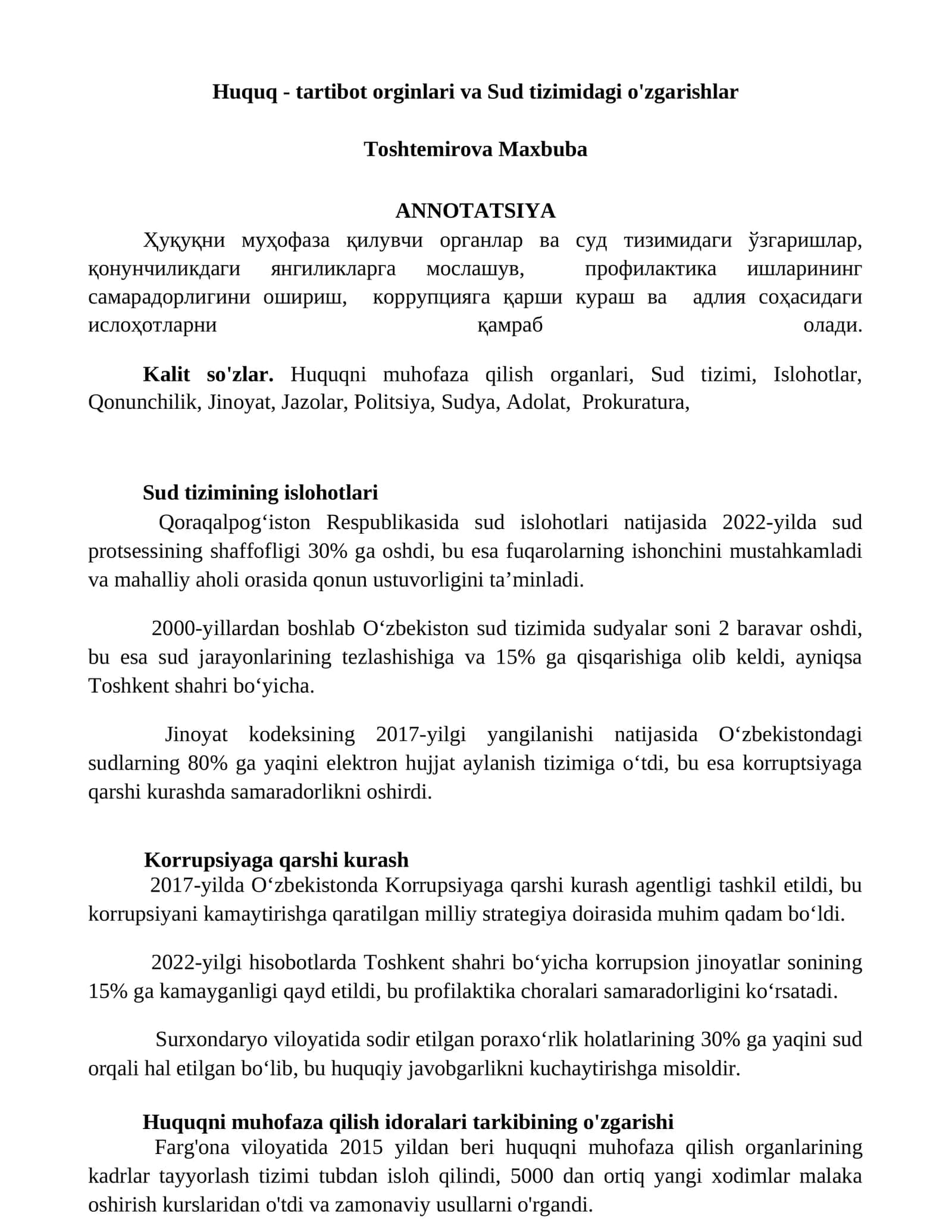 Huquq - tartibot orginlari va Sud tizimidagi o'zgarishlar