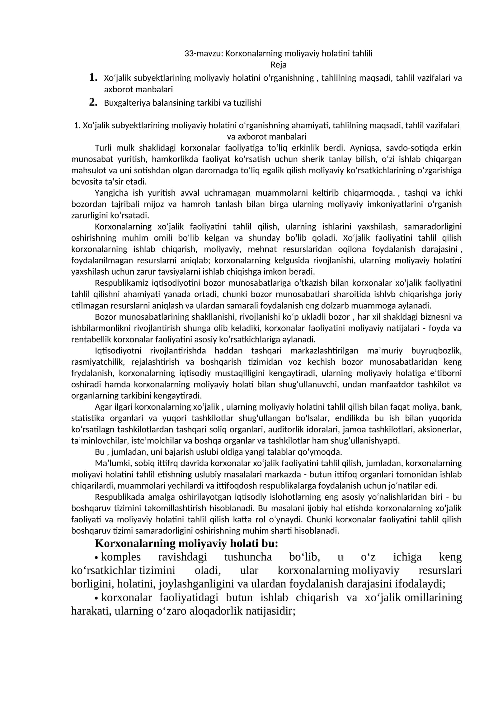 Korxonalarning moliyaviy holatini tahlili
