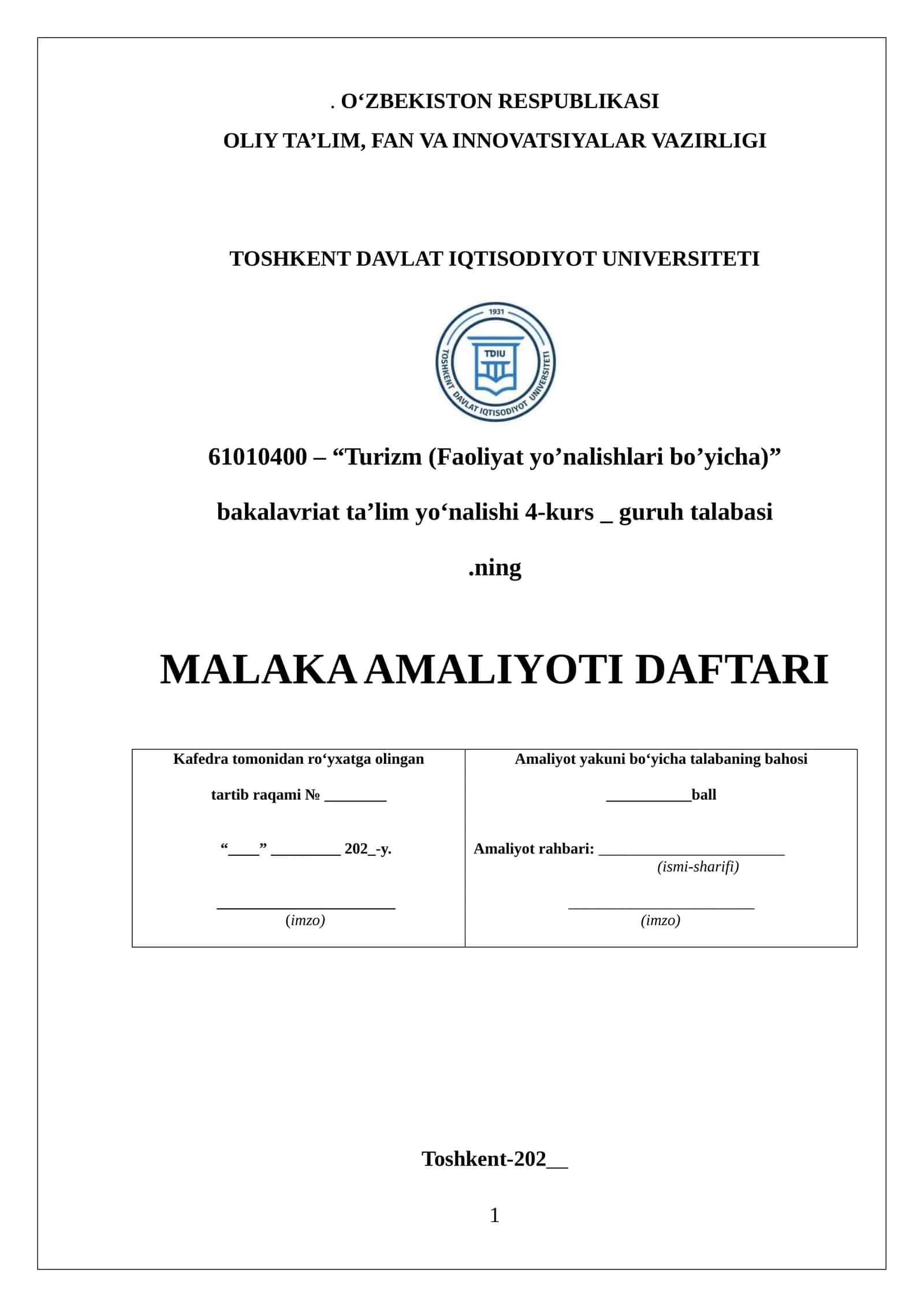 Tur firma(“Shosh Worldwide Travel”)MALAKA AMALIYOTI DAFTARI