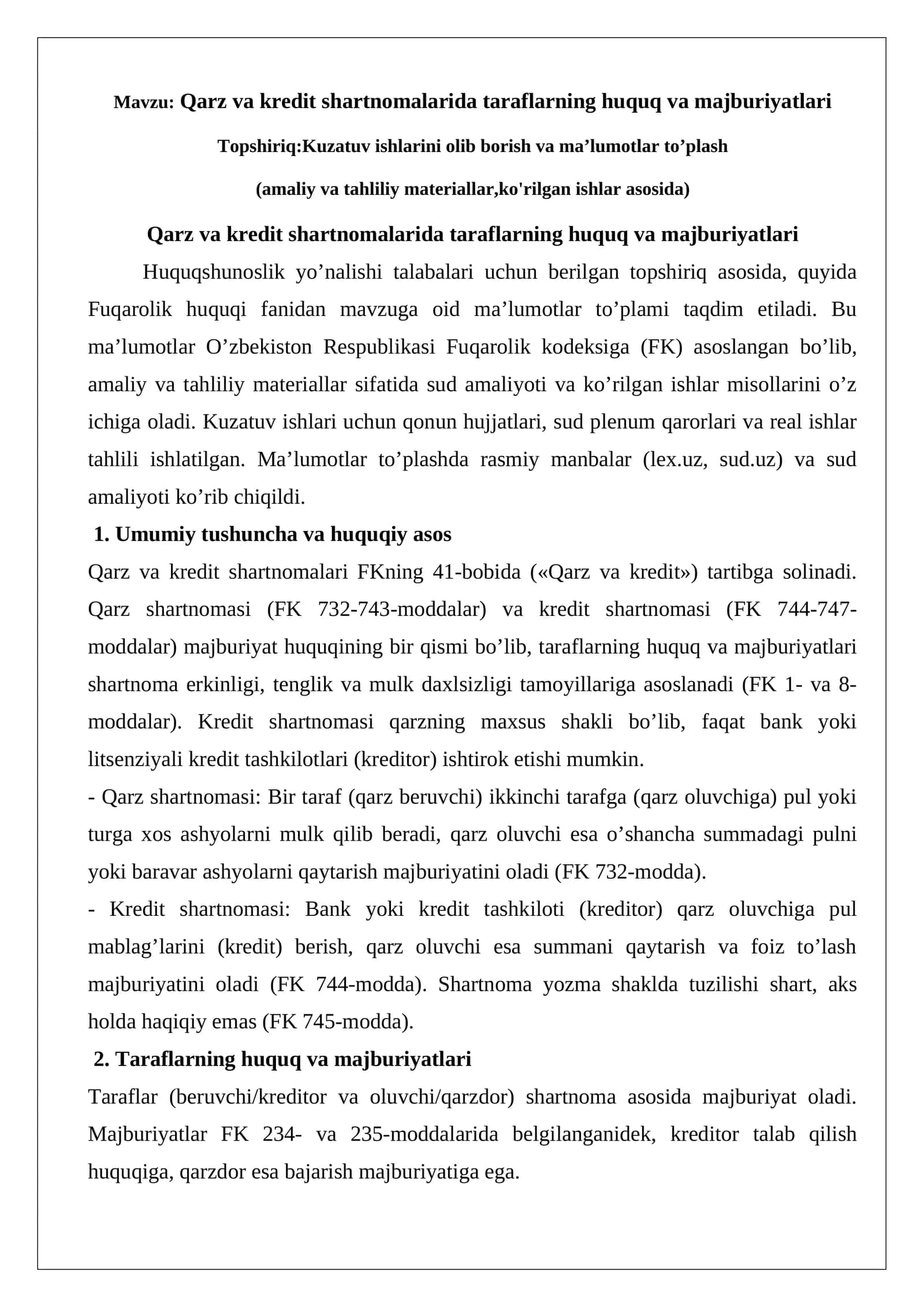 Qarz va kredit shartnomalarida taraflarning huquq va majburiyatlari