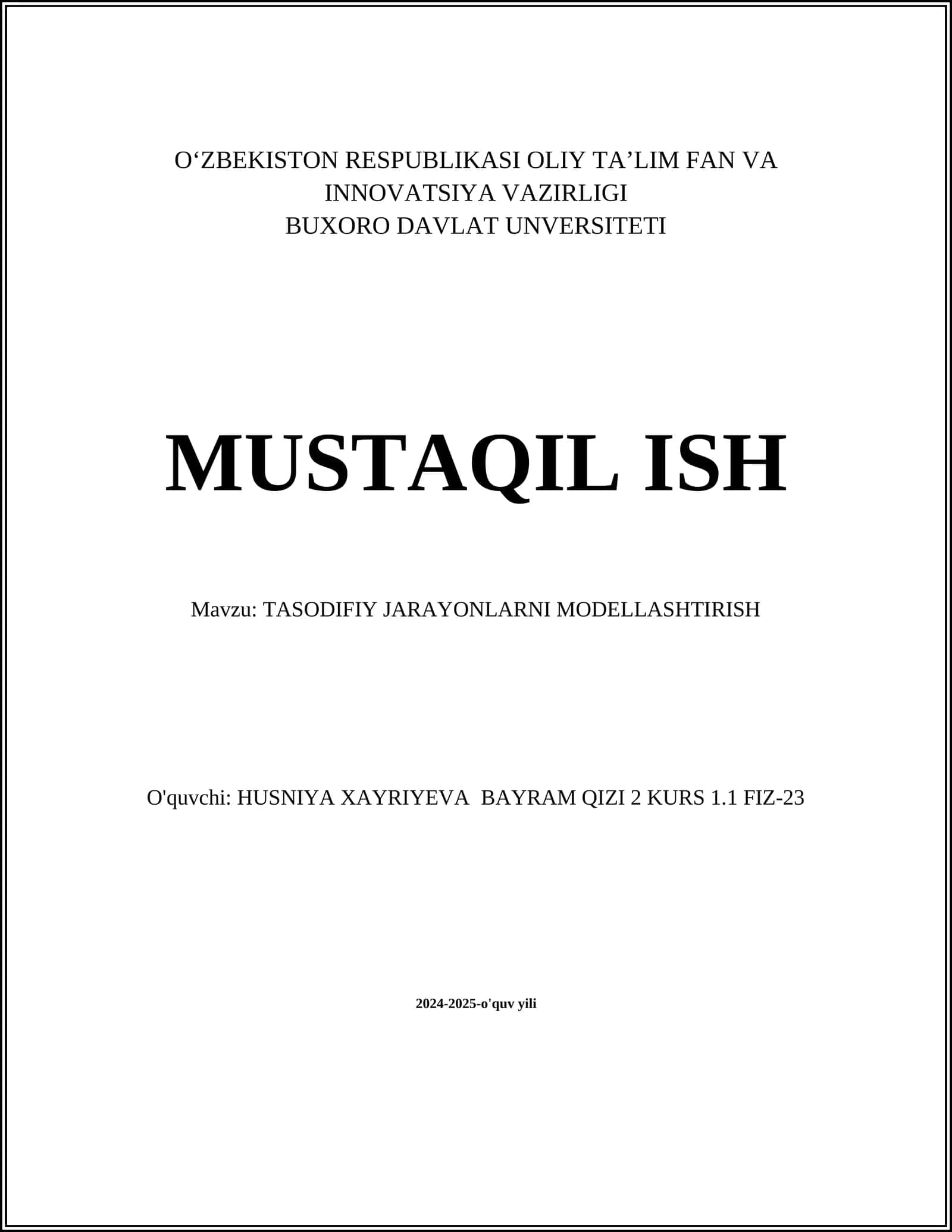 TASODIFIY JARAYONLARNI MODELLASHTIRISH