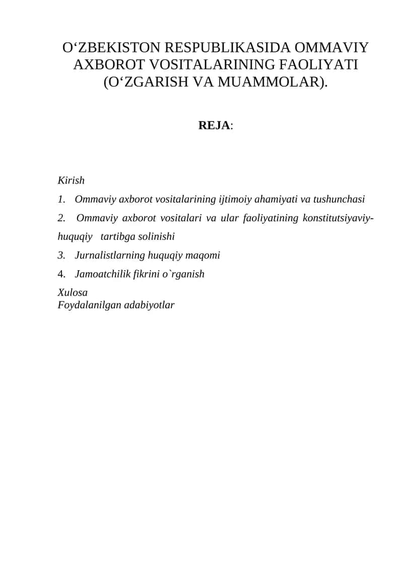 Ommaviy axborot vositalarining faoliyati