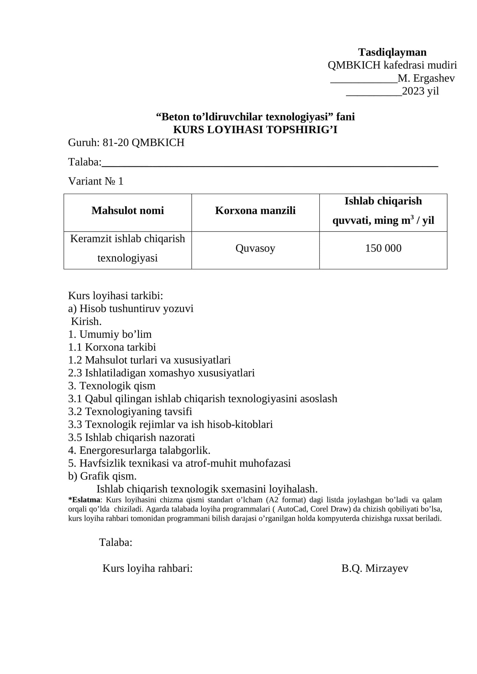 Beton to’ldiruvchilar texnologiyasi fani. KURS LOYIHASI TOPSHIRIG’I