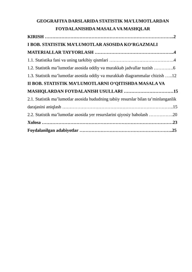 GEOGRAFIYA DARSLARIDA STATISTIK MA’LUMOTLARDAN FOYDALANISHDA MASALA VA MASHQLAR