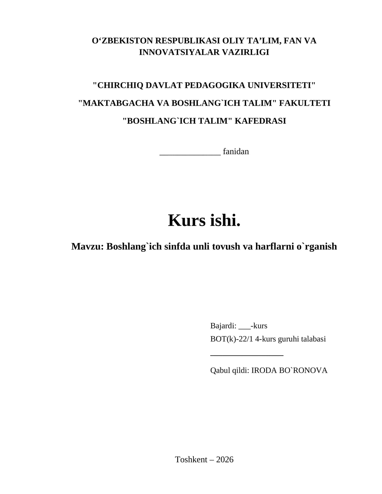 Boshlang`ich sinfda unli tovush va harflarni o`rganish