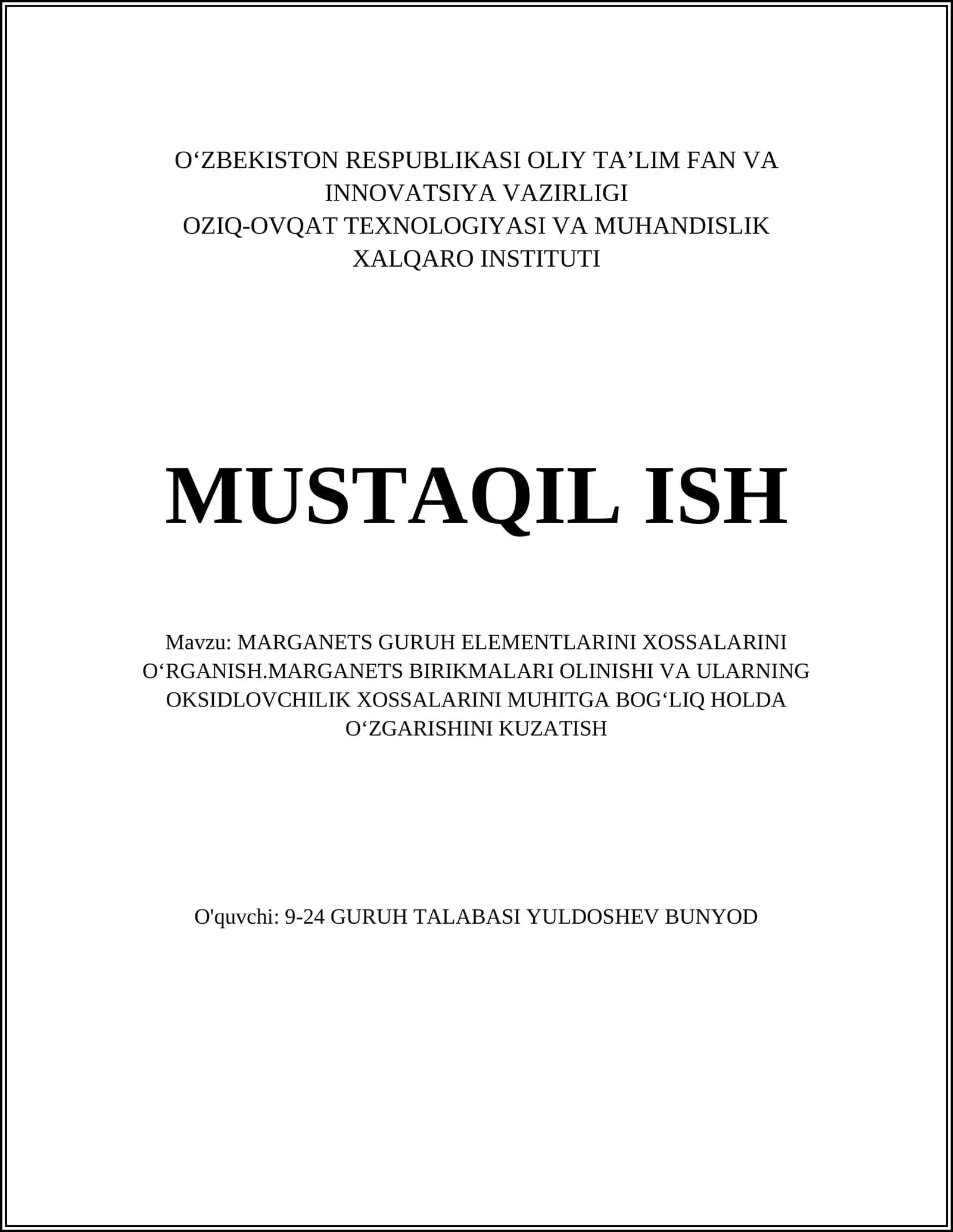Marganets Guruhi Elementlarini Xossalarini Oʻrganish