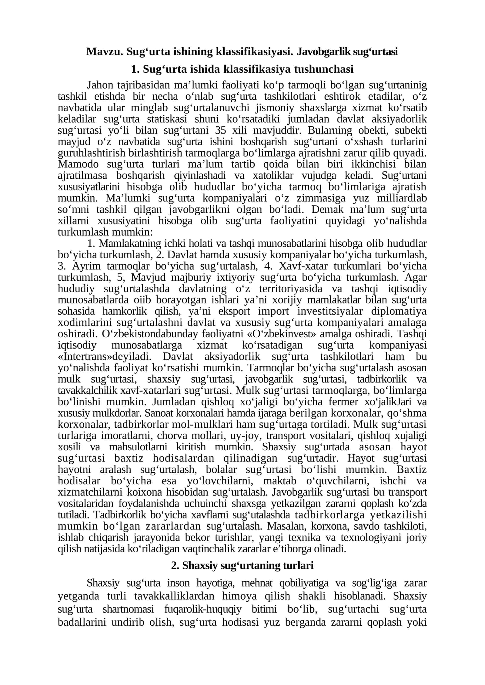 Sug‘urta ishining klassifikatsiyasi. Javobgarlik sug‘urtasi
