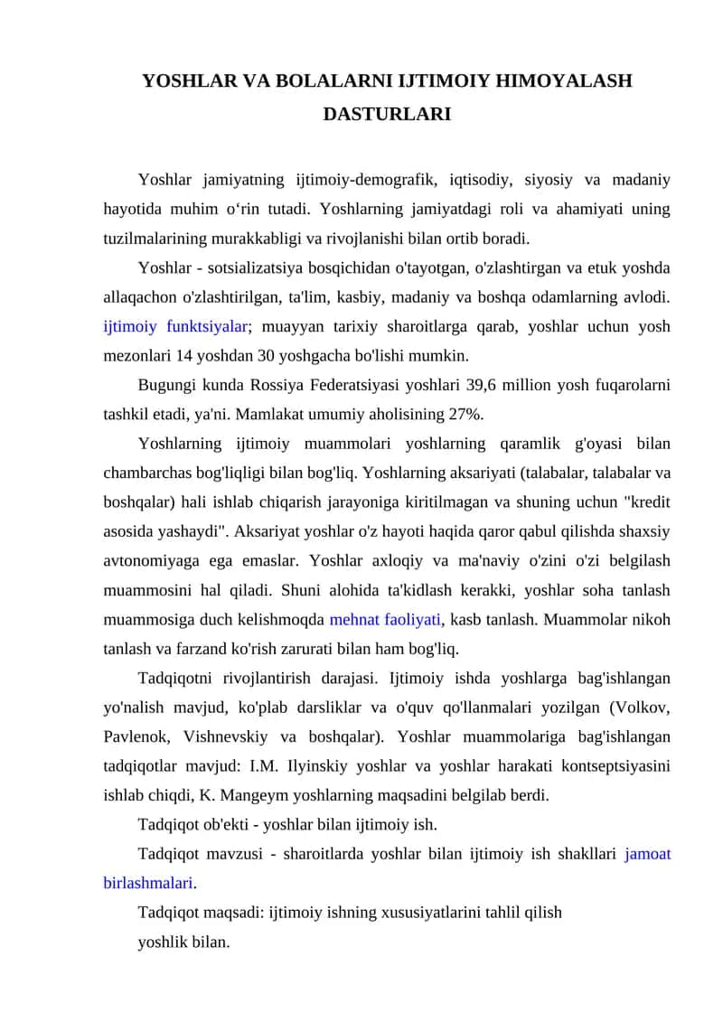 Yoshlar va bolalarni ijtimoiy himoyalash dasturlari
