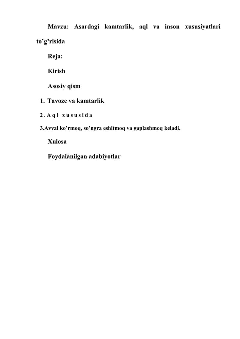 Asardagi kamtarlik, aql va inson xususiyatlari to’g’risida
