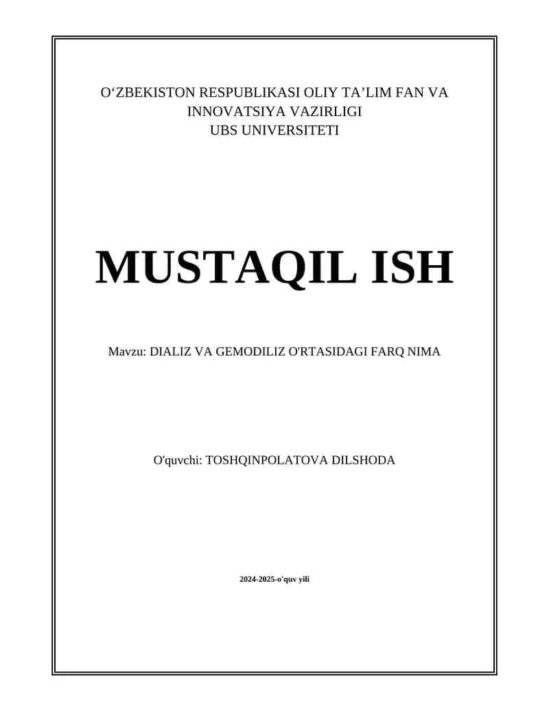 DIALIZ VA GEMODILIZ O'RTASIDAGI FARQ NIMA