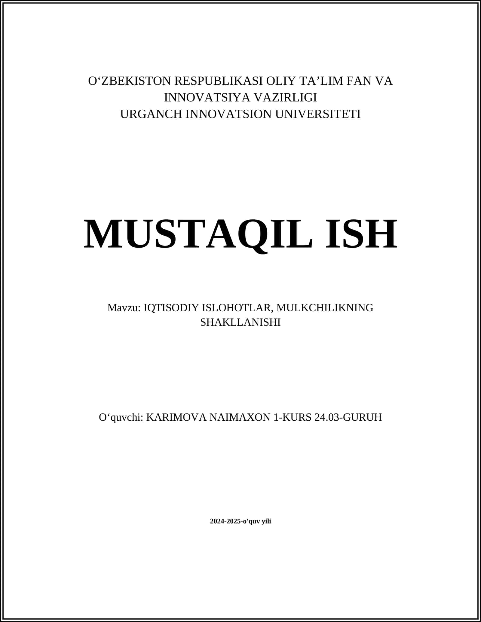 IQTISODIY ISLOHOTLAR, MULKCHILIKNING SHAKLLANISHI