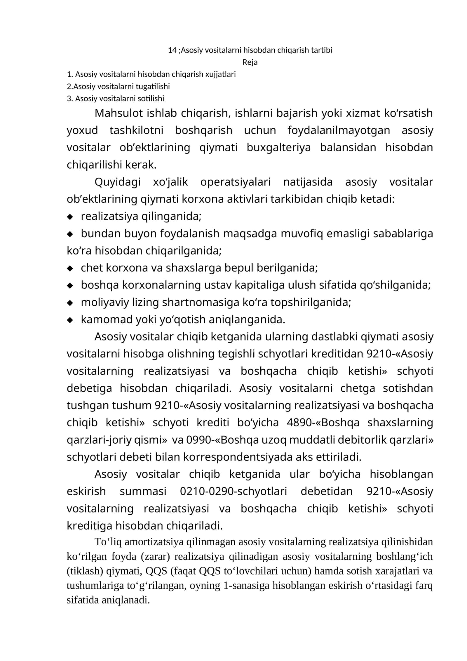 Asosiy vositalarni hisobdan chiqarish tartibi