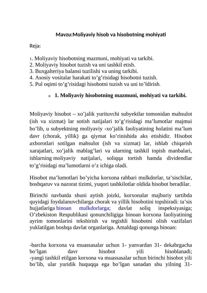 Moliyaviy hisobotning mohiyati