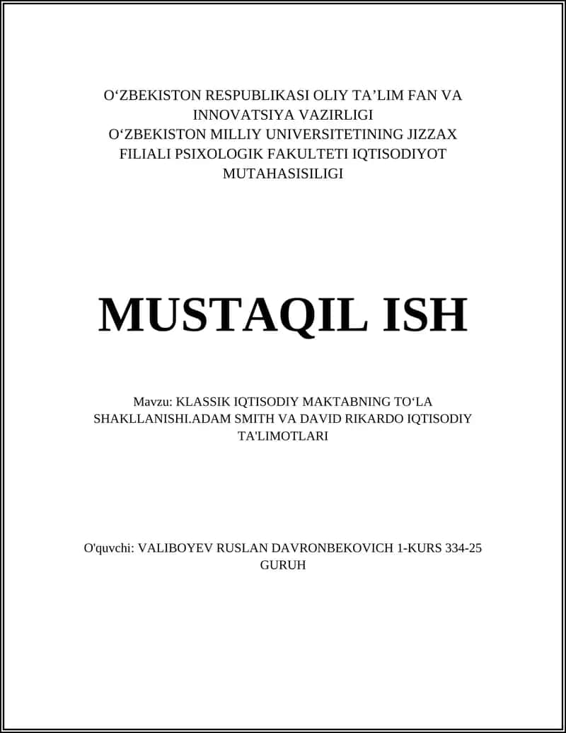 KLASSIK IQTISODIY MAKTABNING TOʻLA SHAKLLANISHI