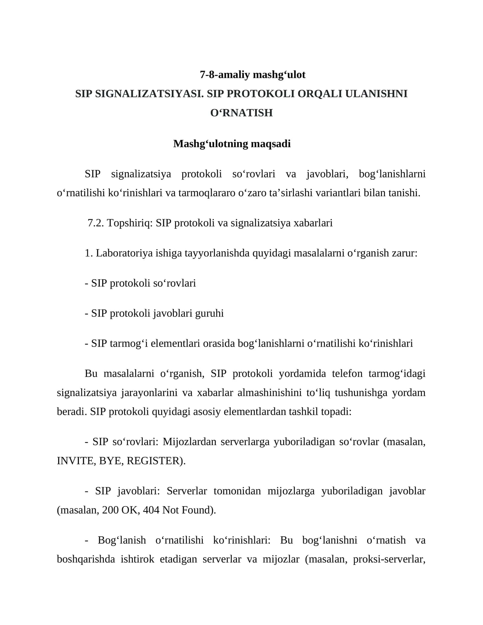 SIP SIGNALIZATSIYASI. SIP PROTOKOLI ORQALI ULANISHNI O‘RNATISH