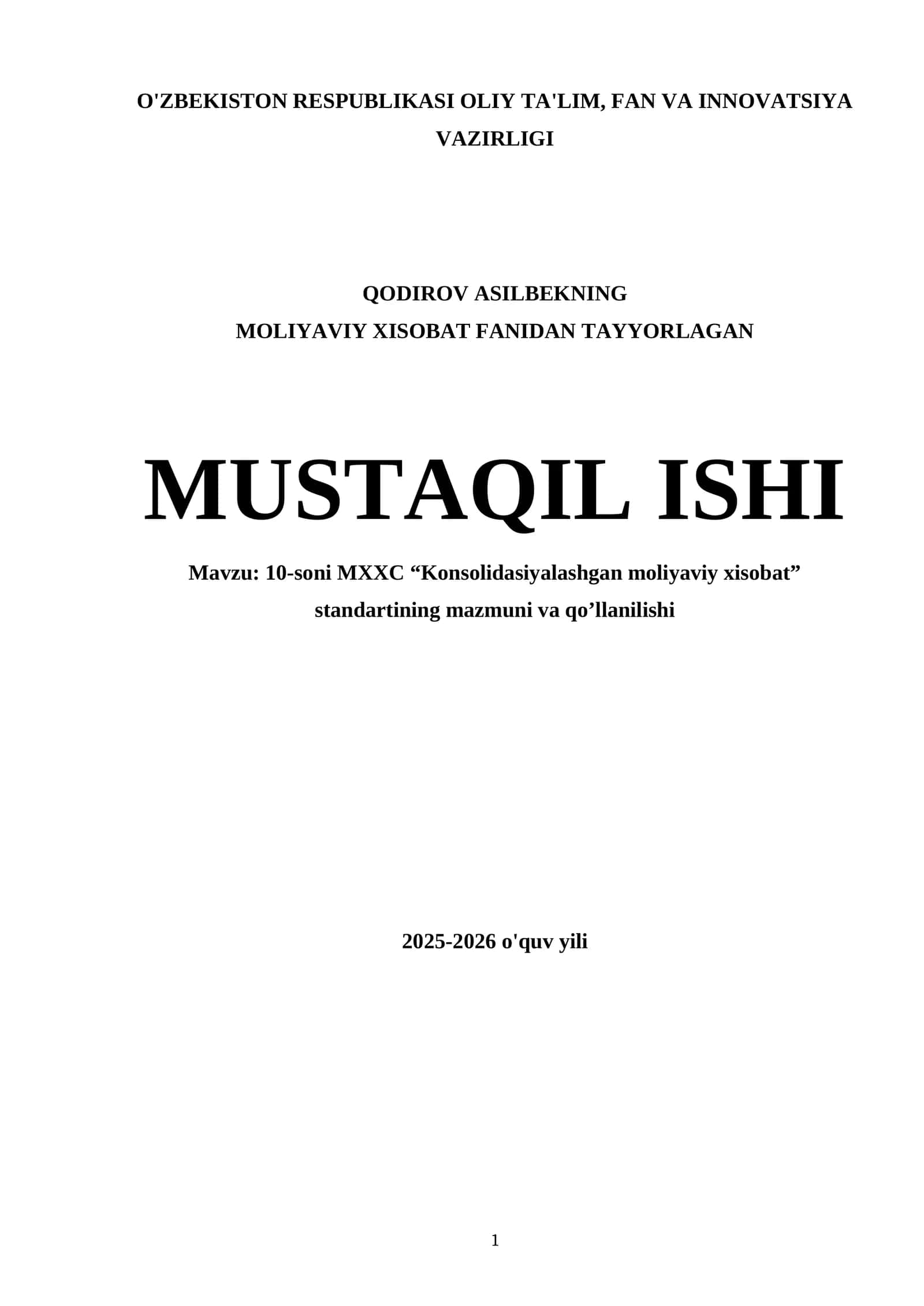 MOLIYAVIY XISOBAT FANIDAN TAYYORLAGAN MUSTAQIL ISHI