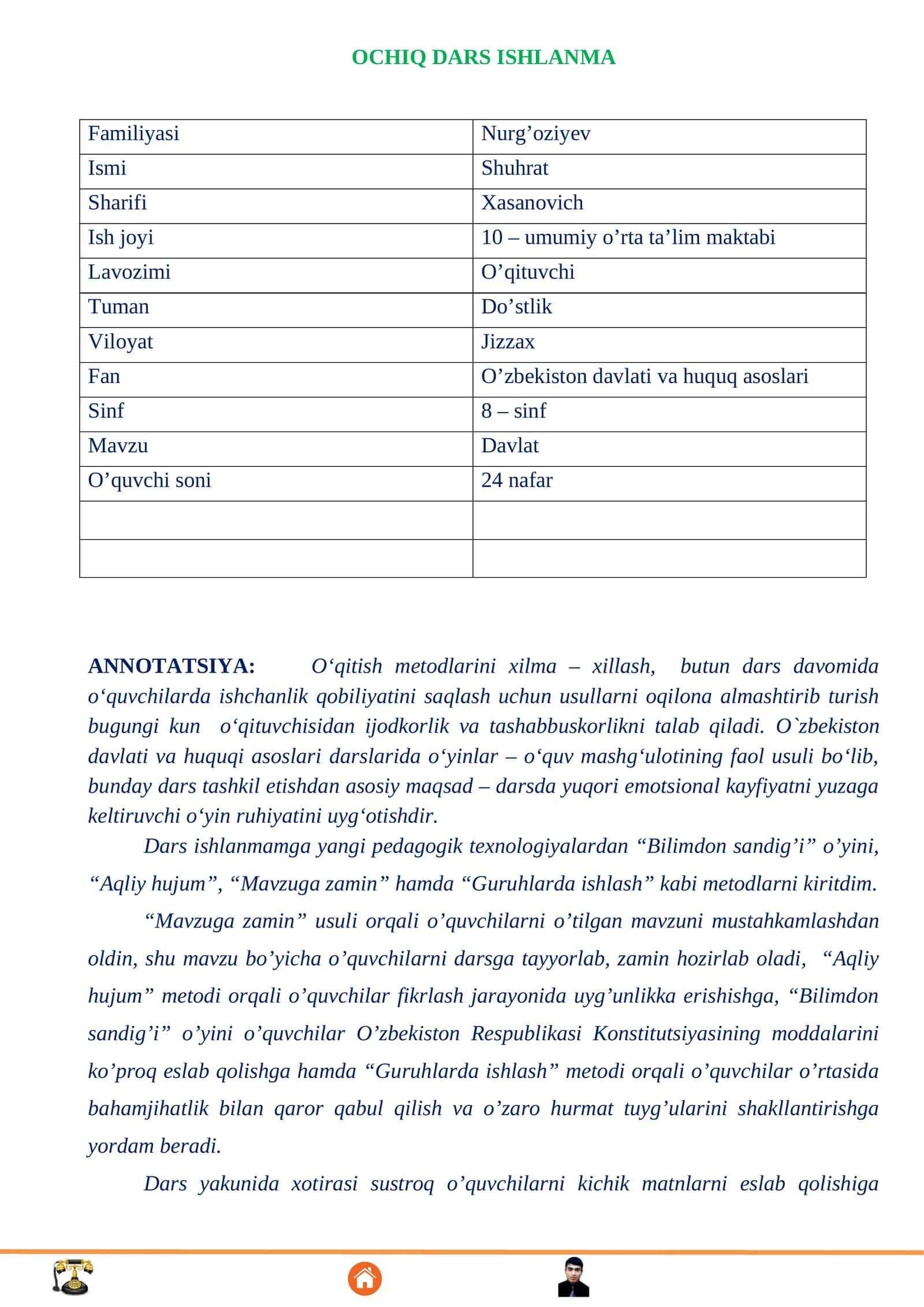8-sinf Huquq fanidan Davlat mavzusida ochiq dars ishlanma