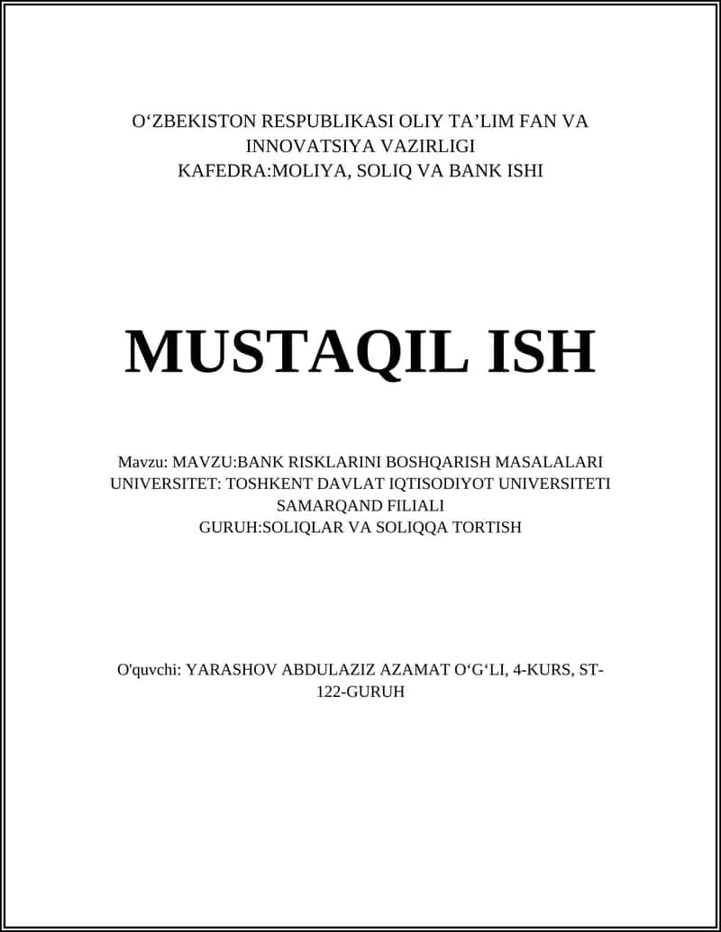 Bank Rislari Boshqarish Masalalari