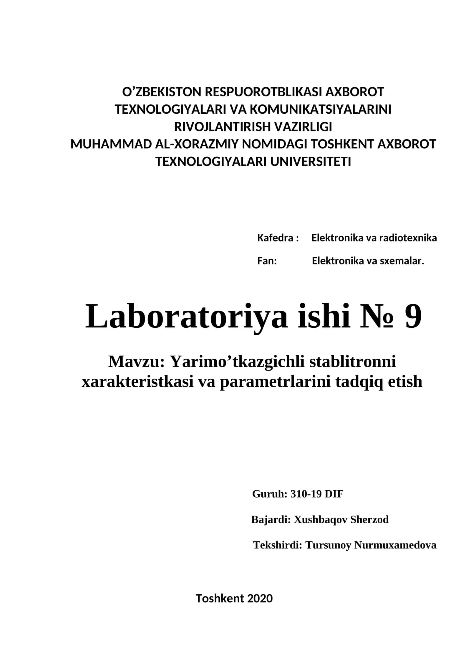 Yarimo’tkazgichli stablitronni xarakteristkasi va parametrlarini tadqiq etish