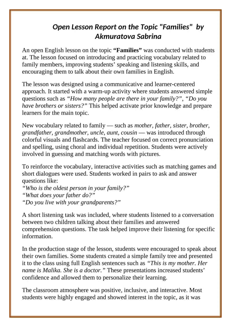 Open Lesson Report on the Topic "Families" by Akmuratova Sabrina