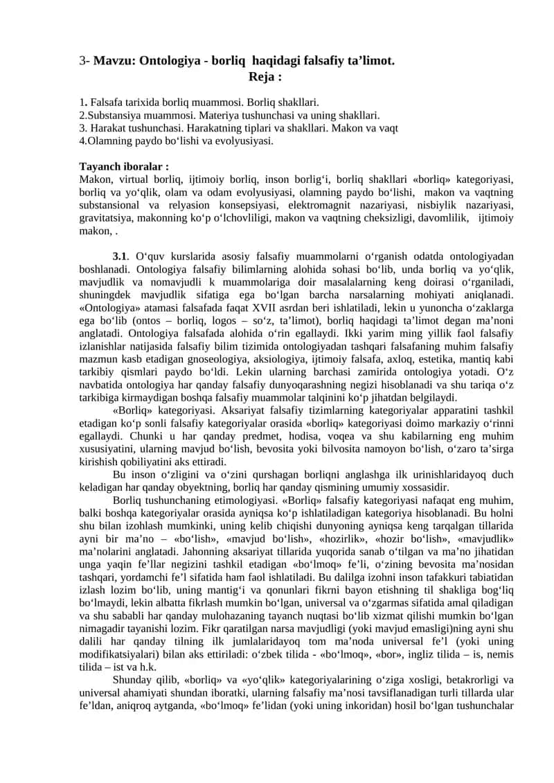 Ontologiya - borliq haqidagi falsafiy ta’limot