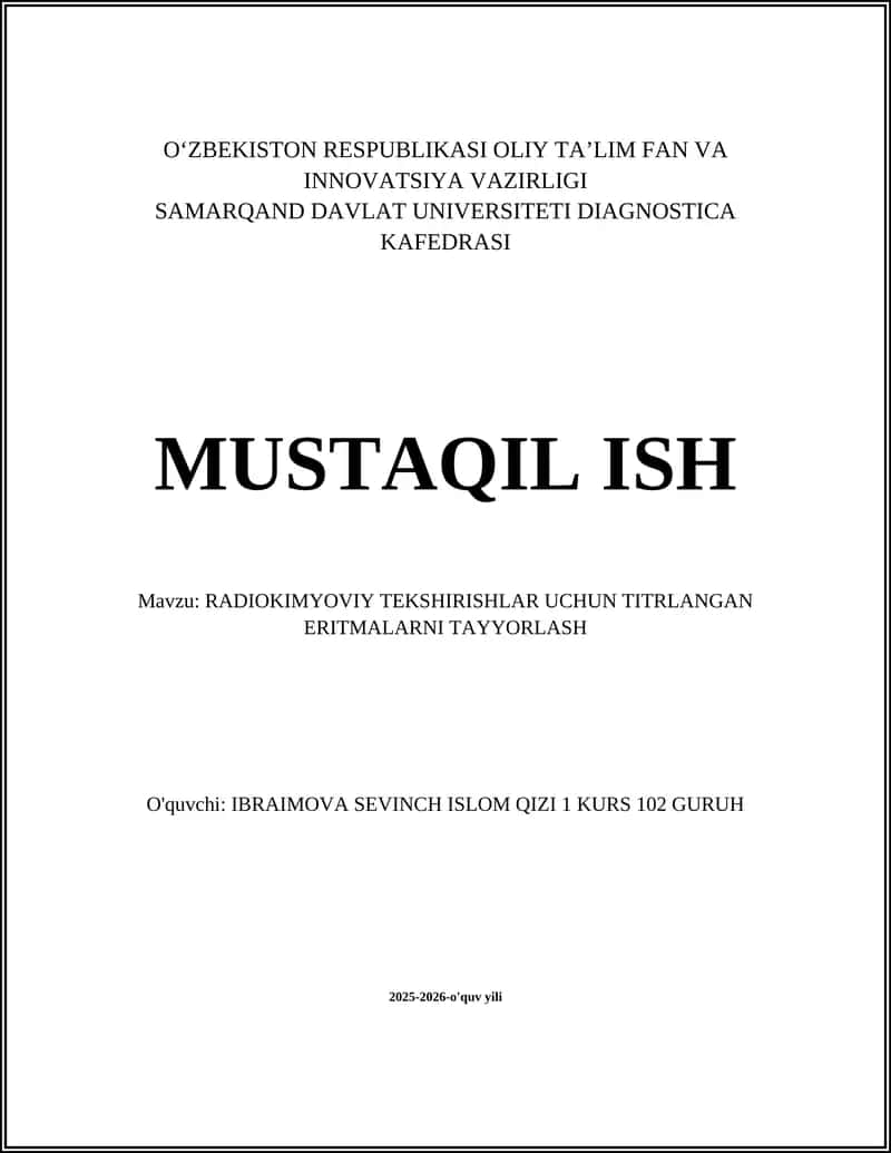 RADIOKIMYOVIY TEKSHIRISHLAR UCHUN TITRLANGAN ERITMALARNI TAYYORLASH