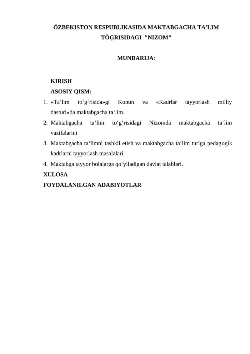 Maktabgacha Ta'lim Nizomi