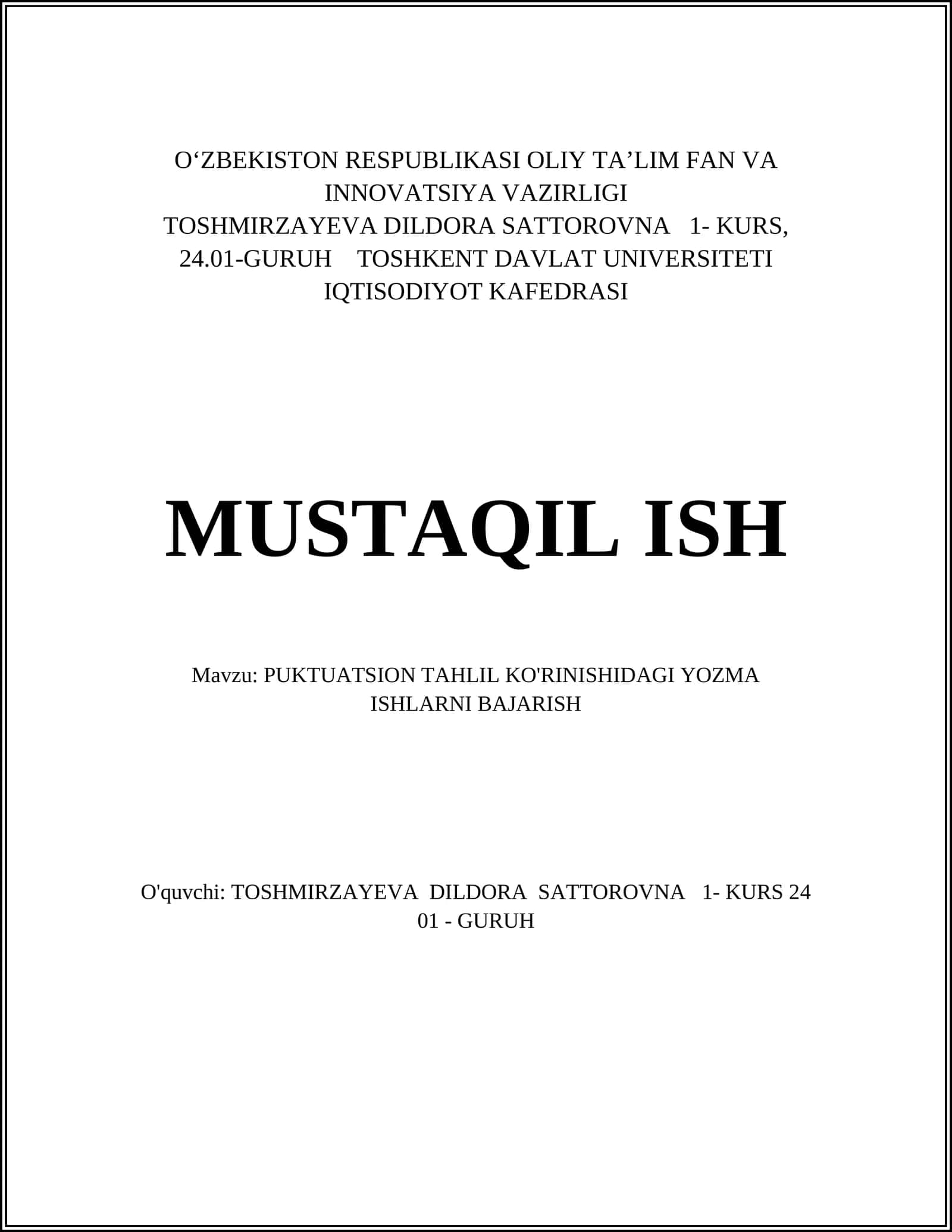 PUKTUATSION TAHLIL KO'RINISHIDAGI YOZMA ISHLARNI BAJARISH