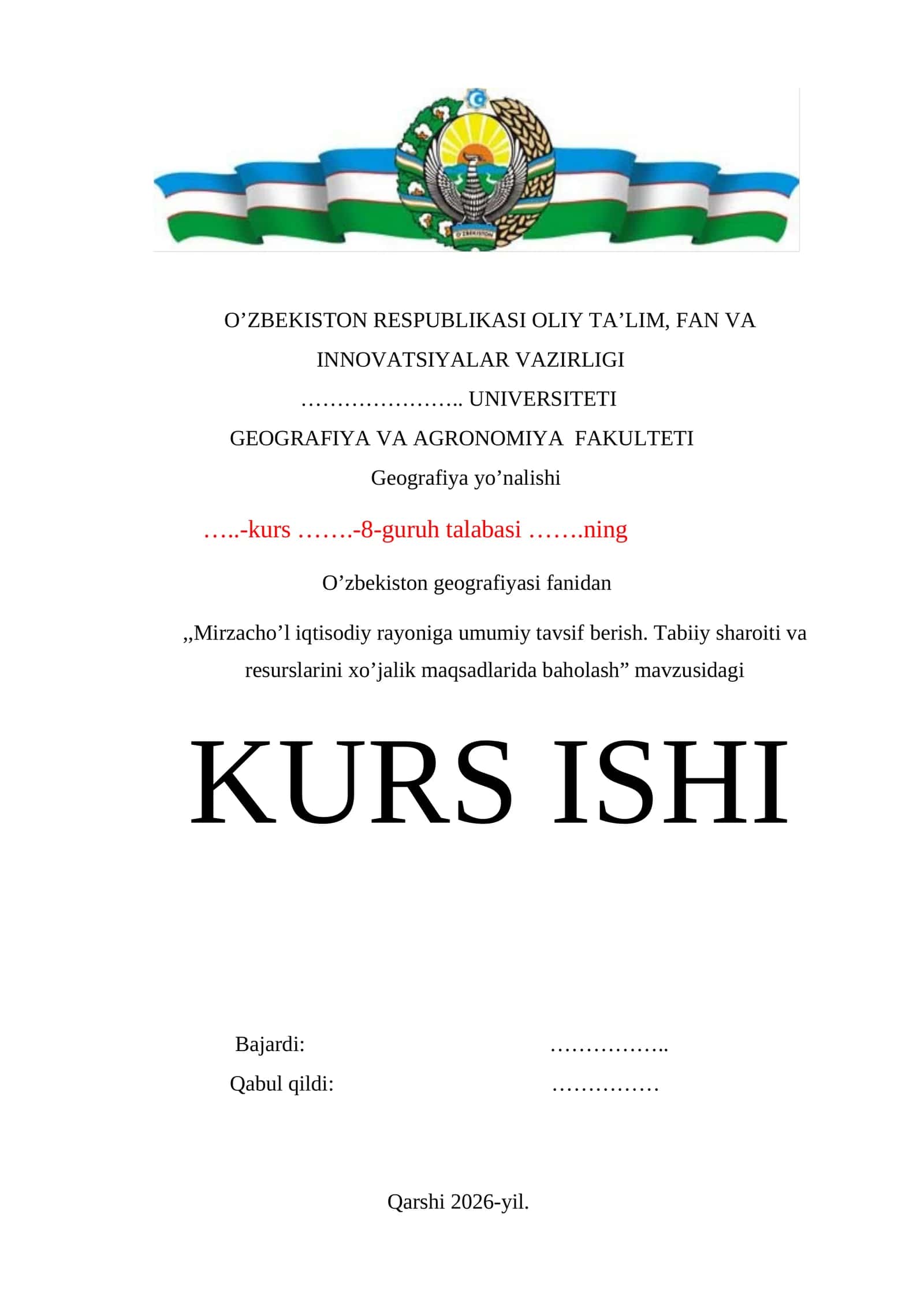 Mirzacho’l iqtisodiy rayoniga umumiy tavsif berish. Tabiiy sharoiti va resurslarini xo’jalik maqsadlarida baholash kurs ishi