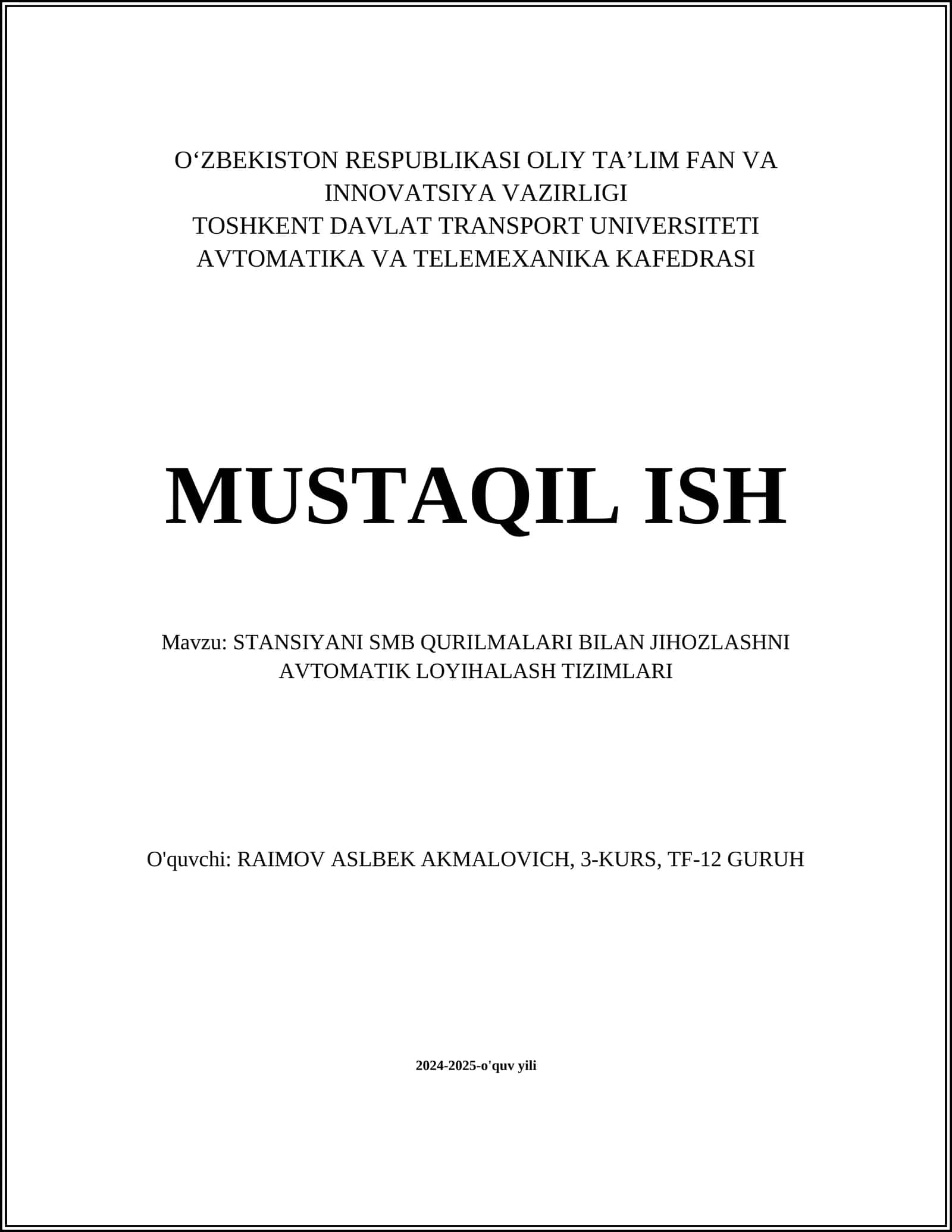STANSIYANI SMB QURILMALARI BILAN JIHOZLASHNI AVTOMATIK LOYIHALASH TIZIMLARI