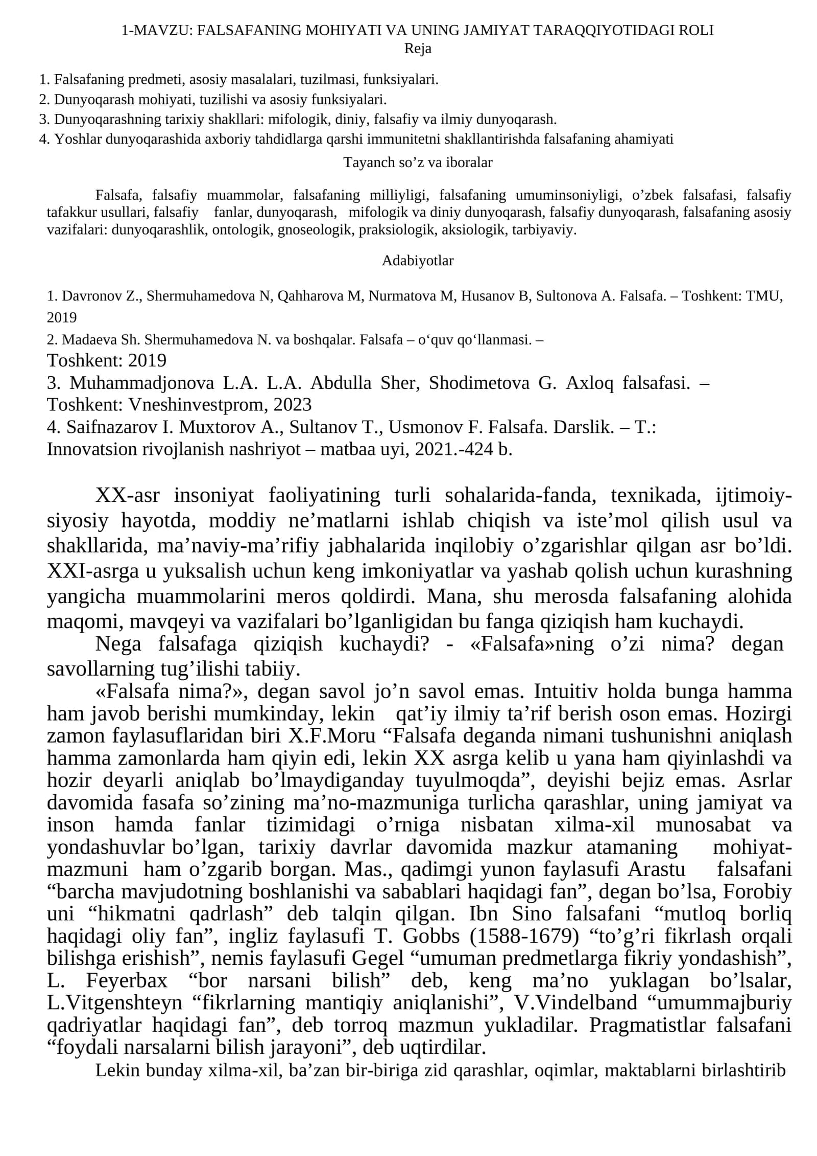 FALSAFANING MOHIYATI VA UNING JAMIYAT TARAQQIYOTIDAGI ROLI