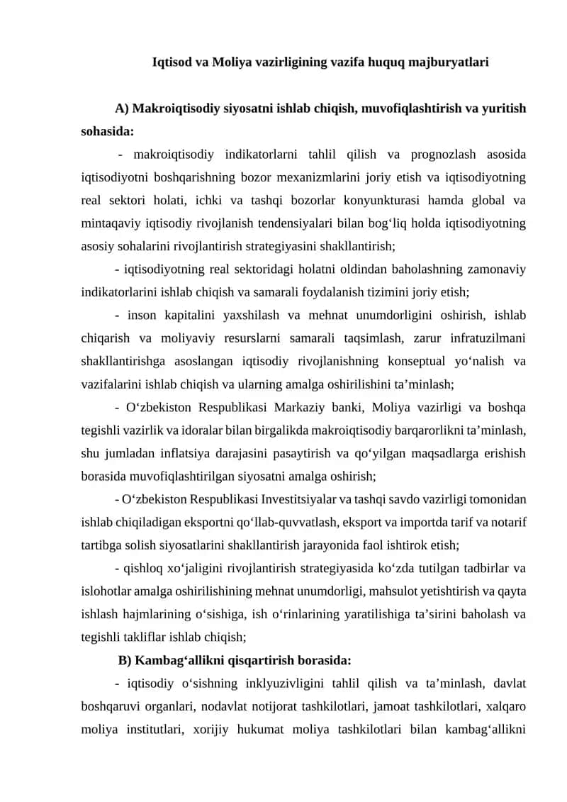 Iqtisod va Moliya vazirligining vazifa huquq majburyatlari