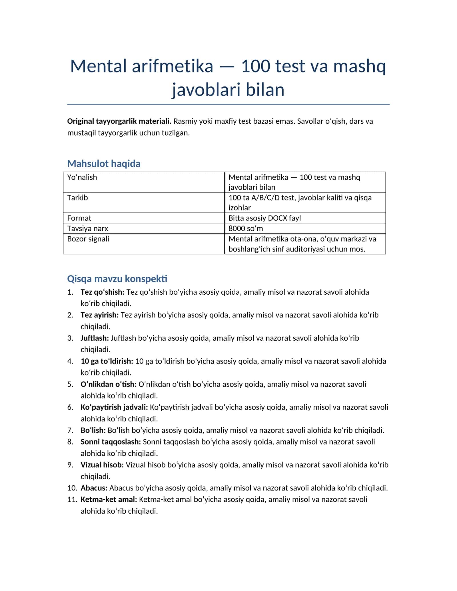 Mental arifmetika — 100 test va mashq javoblari bilan