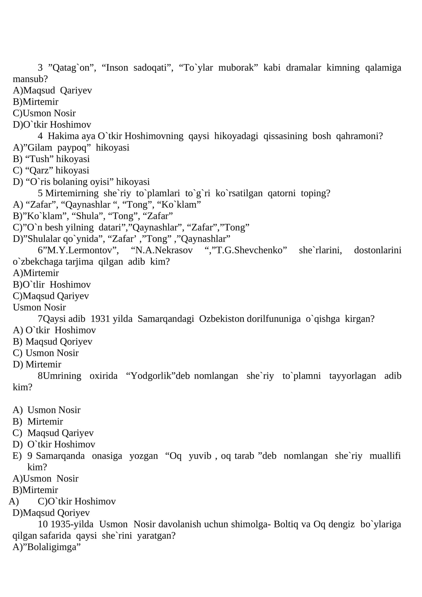 Adabiyot fanidan testlar