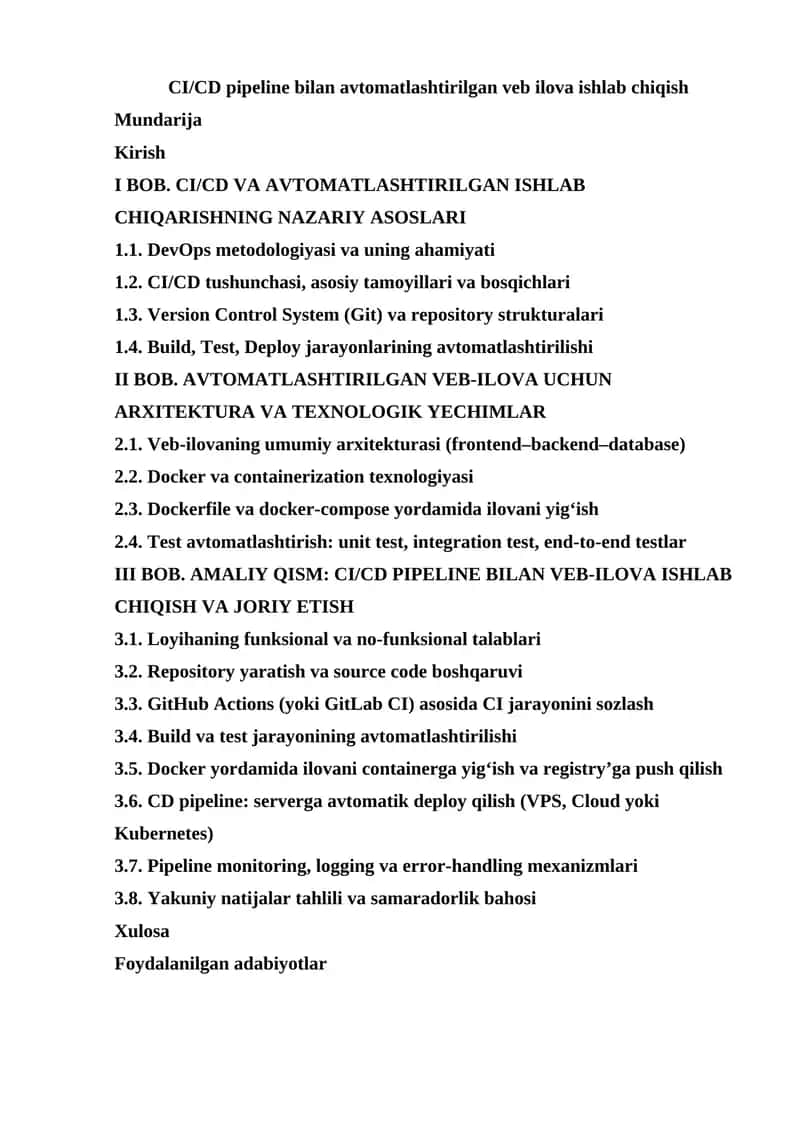 CI/CD pipeline bilan avtomatlashtirilgan veb ilova ishlab chiqish