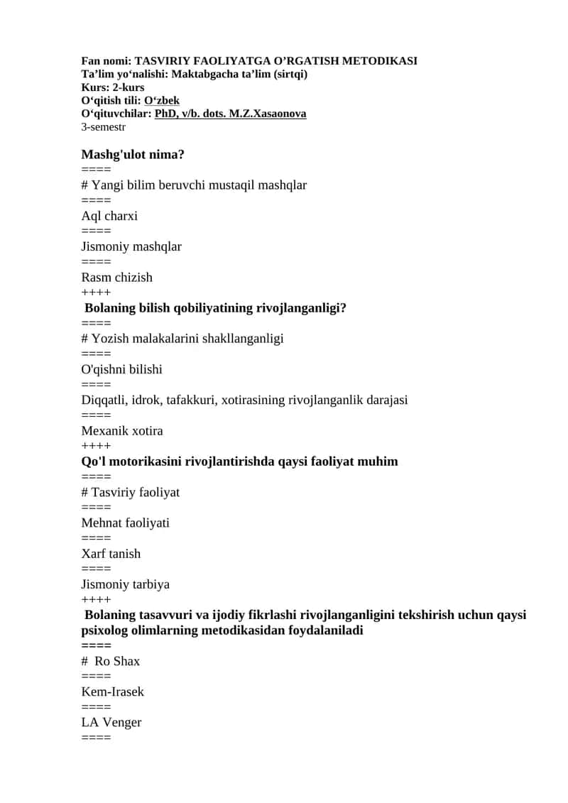 TASVIRIY FAOLIYATGA O’RGATISH METODIKASI
