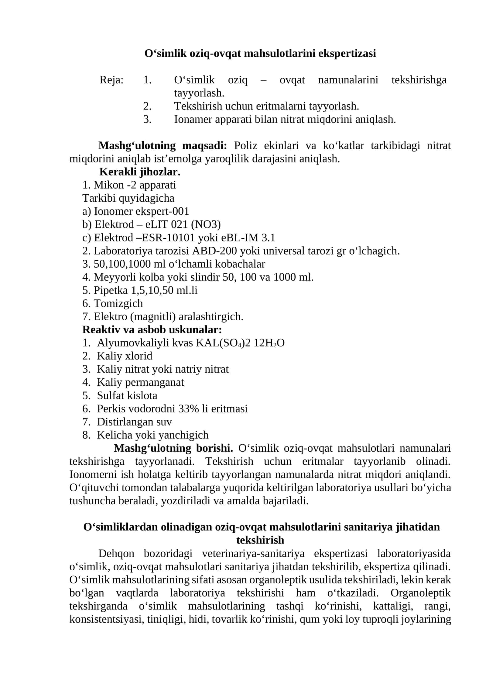 O‘simlik oziq-ovqat mahsulotlarini ekspertizasi