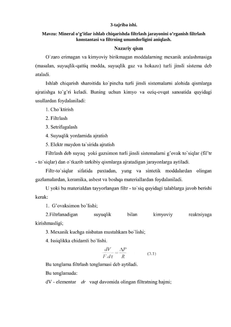 Mineral o’g’itlar ishlab chiqarishda filtrlash jarayonini o’rganish tajriba ishi