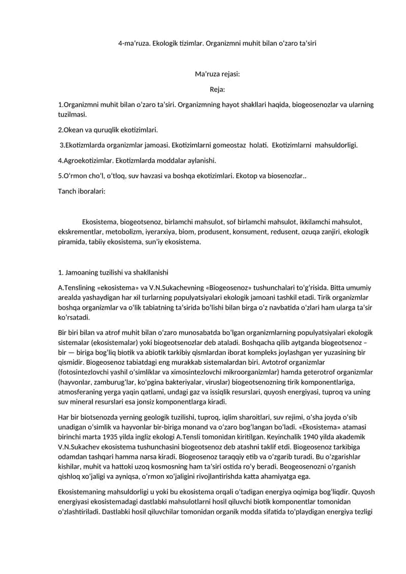 Ekologik tizimlar. Organizmni muhit bilan o‘zaro ta’siri