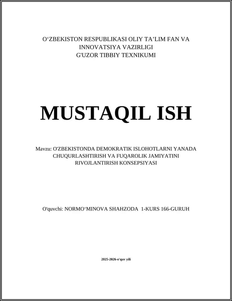 O'ZBEKISTONDA DEMOKRATIK ISLOHOTLARNI YANADA CHUQURLASHTIRISH VA FUQAROLIK JAMIYATINI RIVOJLANTIRISH KONSEPSIYASI