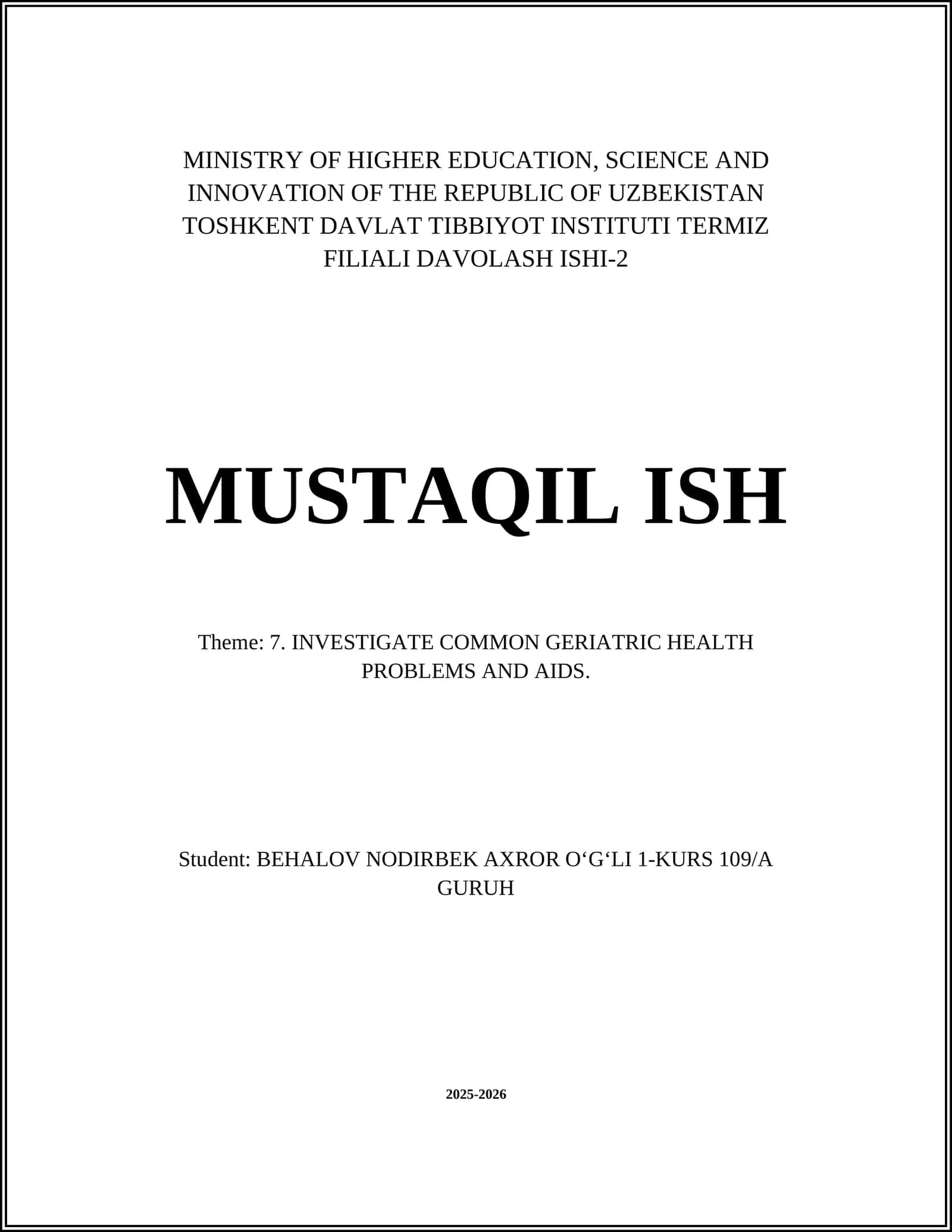 TOSHKENT DAVLAT TIBBIYOT INSTITUTI TERMIZ FILIALI DAVOLASH ISHI-2