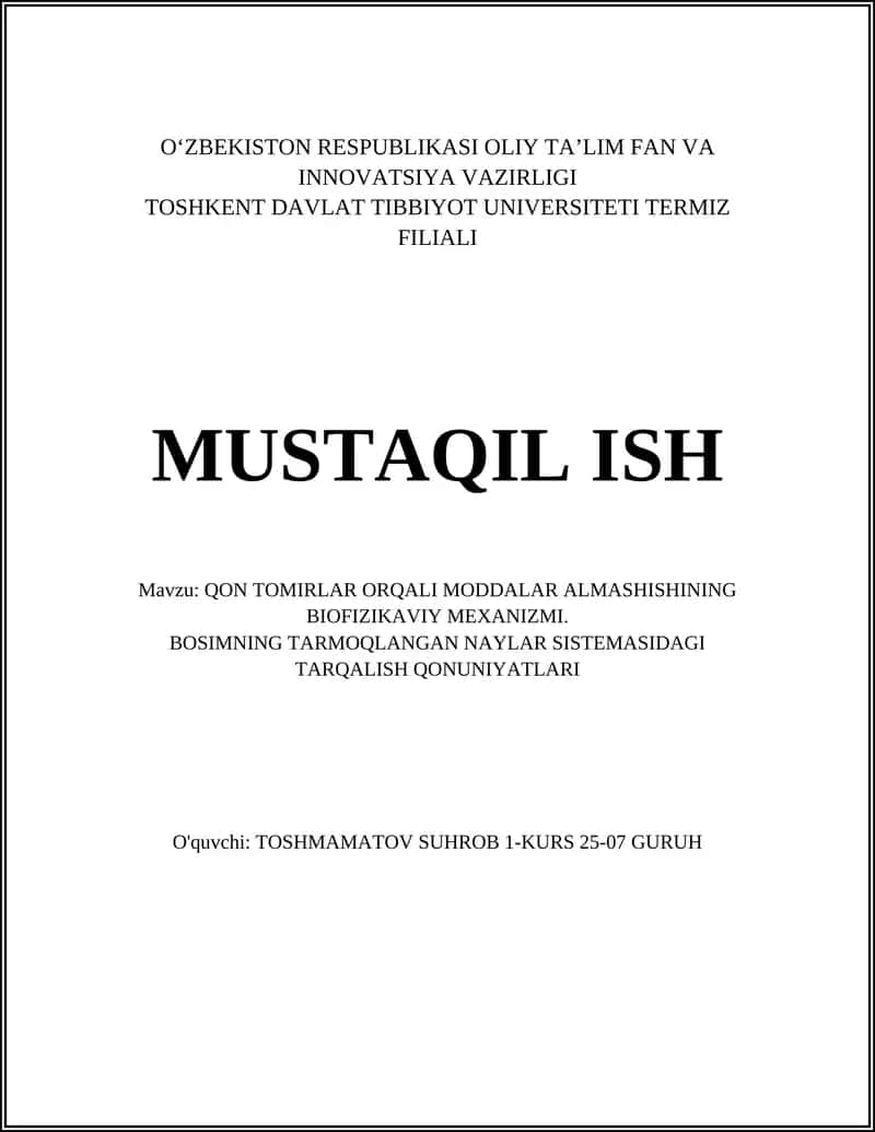 QON TOMIRLAR ORQALI MODDALAR ALMASHISHINING BIOFIZIKAVIY MEXANIZMI