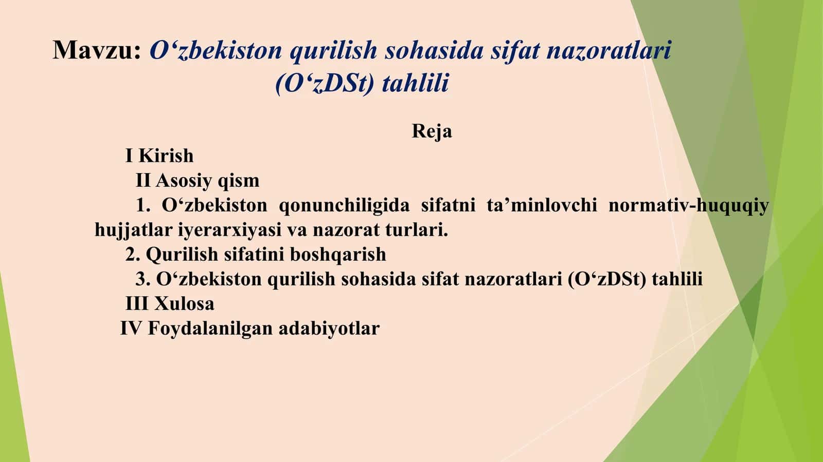 O‘zbekiston qurilish sohasida sifat nazoratlari (O‘zDSt) tahlili
