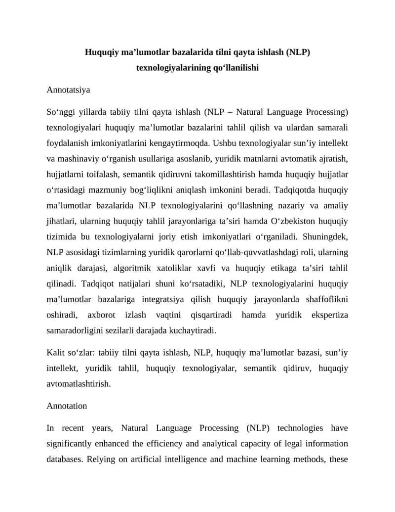 Huquqiy ma'lumotlar bazalarida tilni qayta ishlash (NLP) texnologiyalari