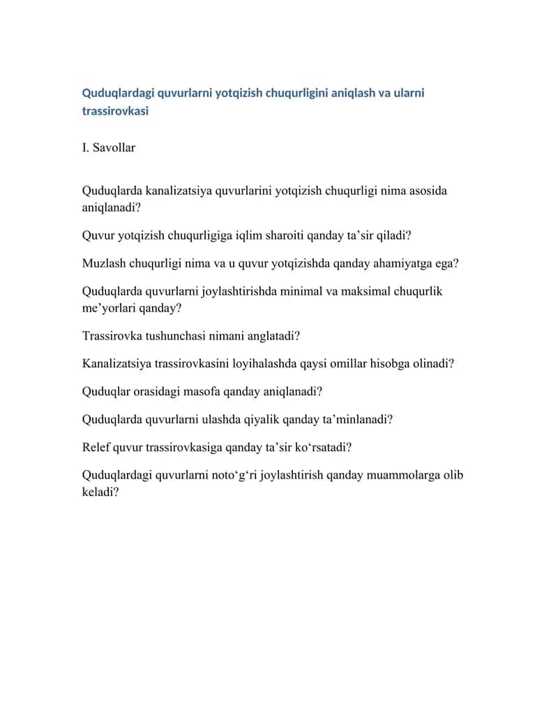 Quduqlardagi quvurlarni yotqizish chuqurlarni aniqlash