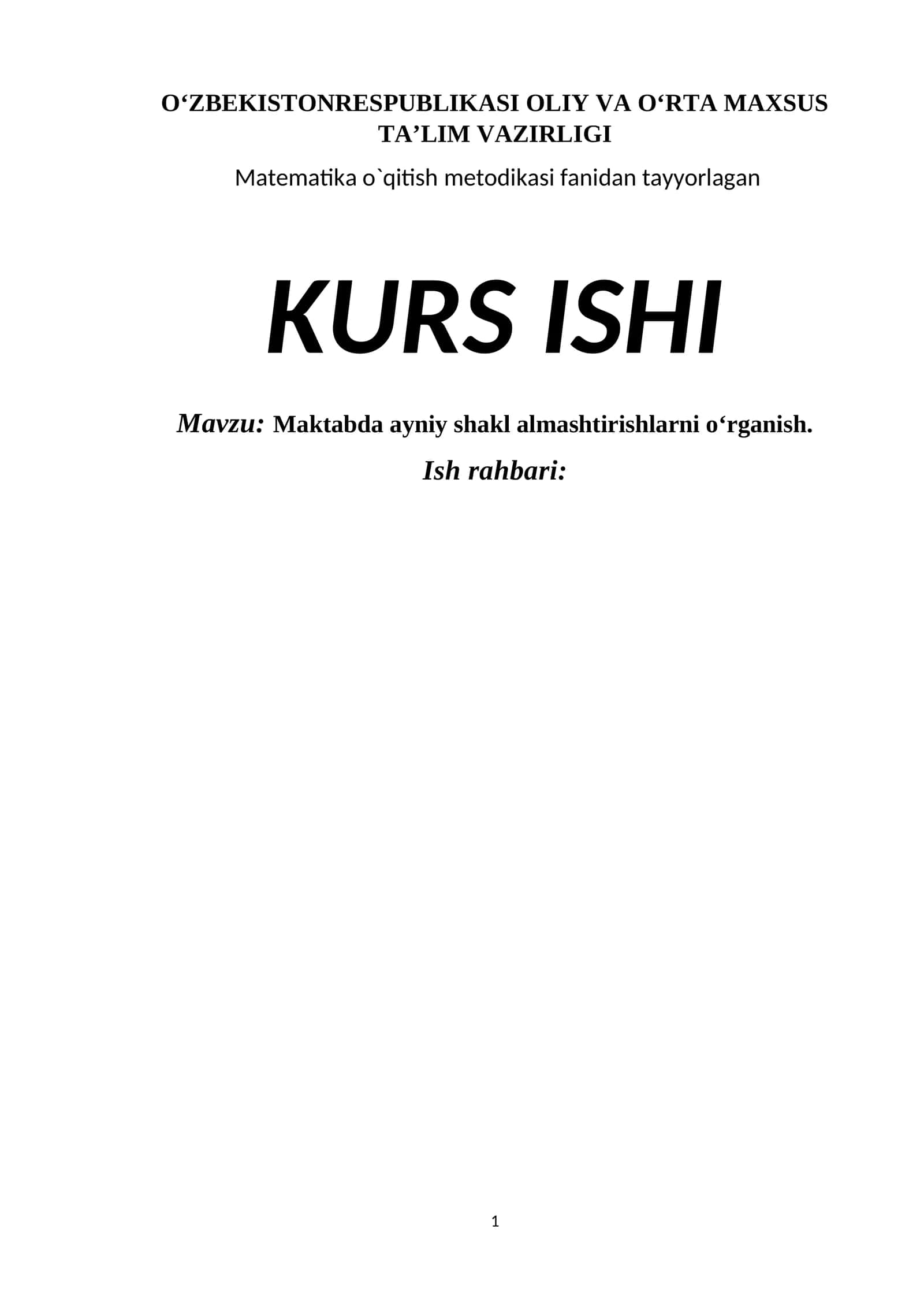 Matematika o`qitish metodikasi fanidan tayyorlagan KURS ISHI