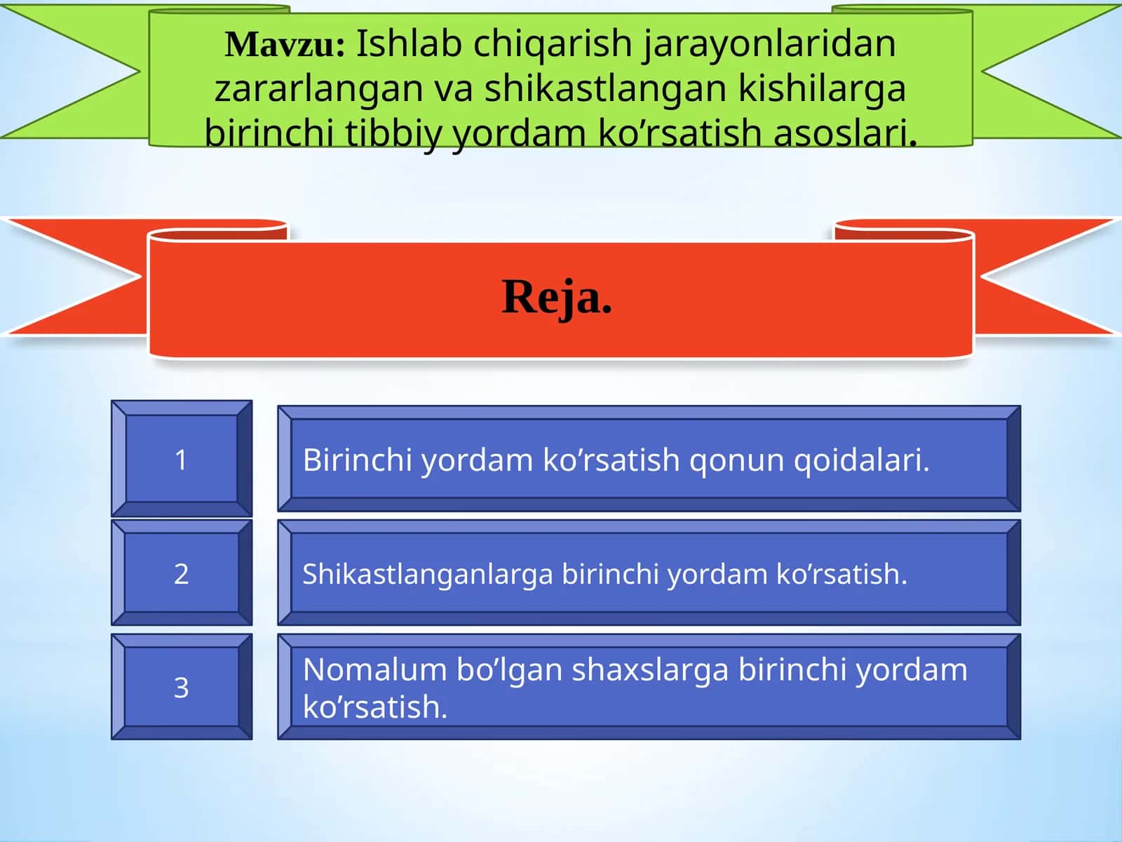 Ishlabchiqarish jarayonlaridan zararlangan va shikastlangan kishilarga birinchi tibbiy yordam ko’rsatish asoslari