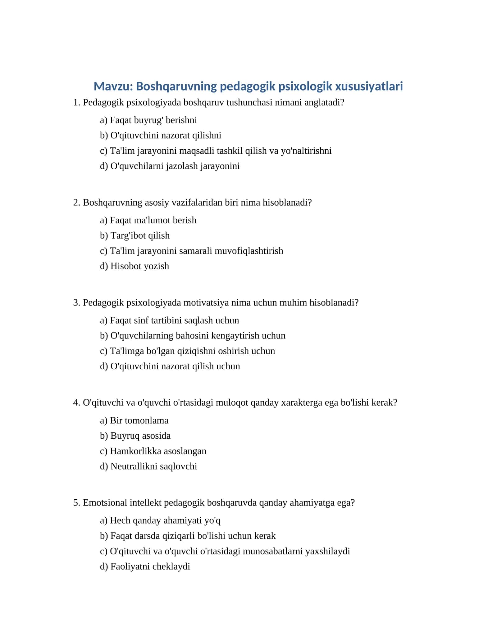 Boshqaruvning pedagogik psixologik xususiyatlari