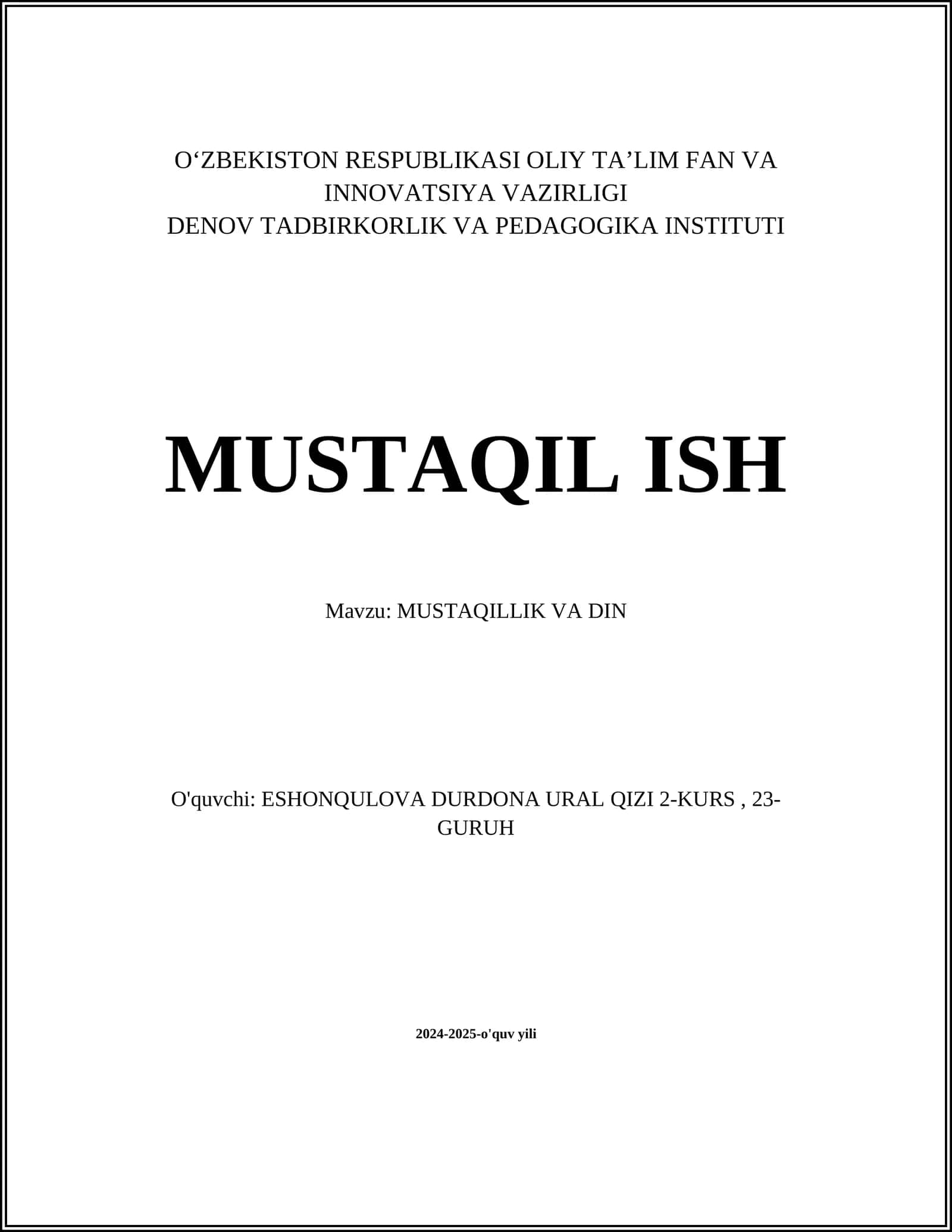 MUSTAQILLIK VA DIN