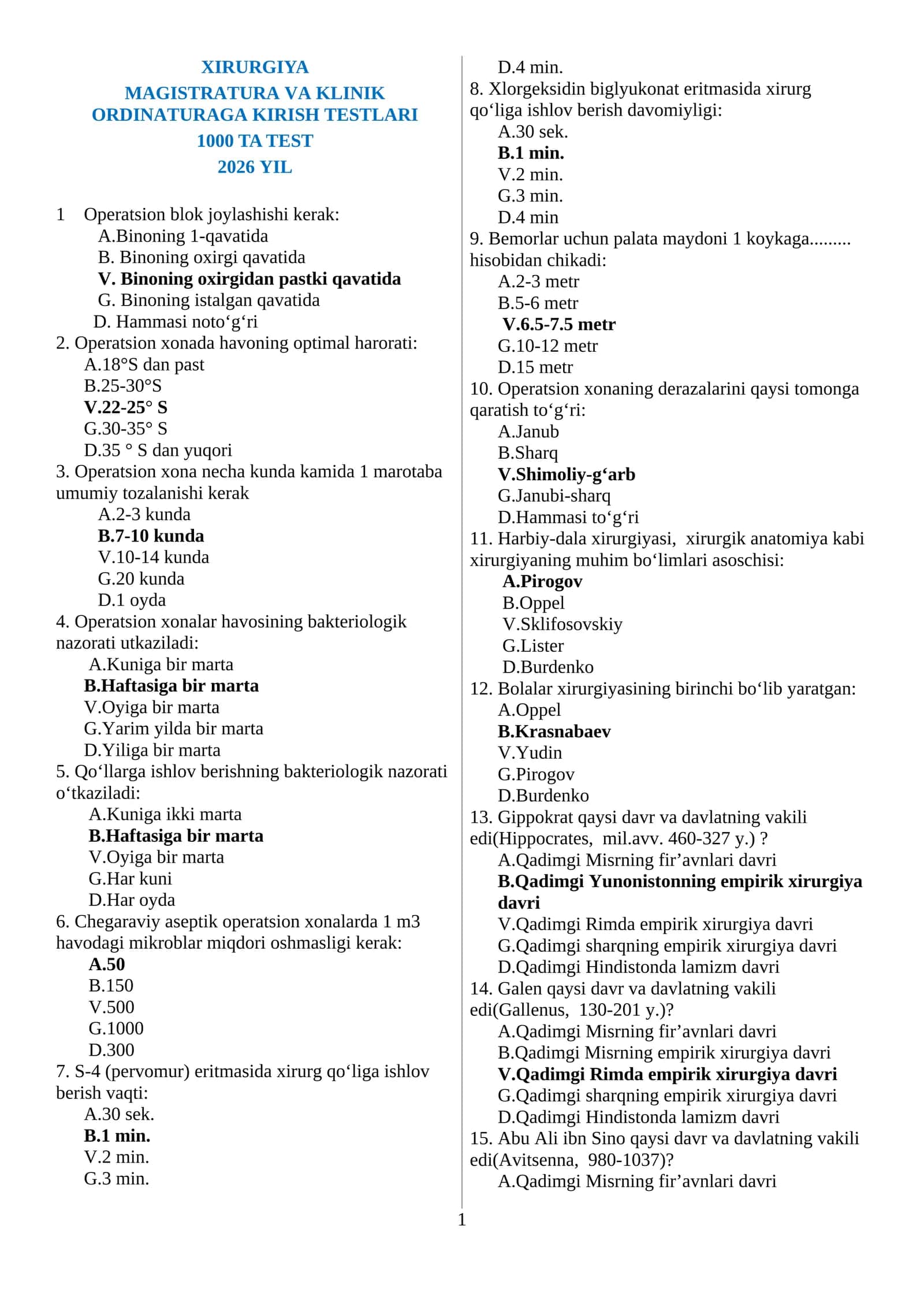 XIRURGIYA MAGISTRATURA VA KLINIK ORDINATURAGA KIRISH TESTLARI 1000 TA 2026 YIL